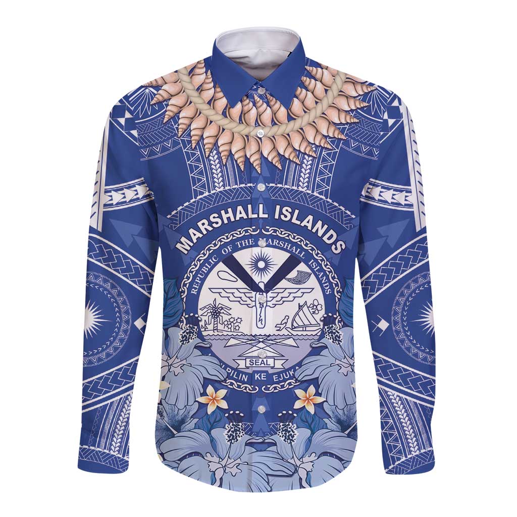 Marshall Islands Jemenei Day Long Sleeve Button Shirt Polynesian Tribal Tattoo Seashell Necklace