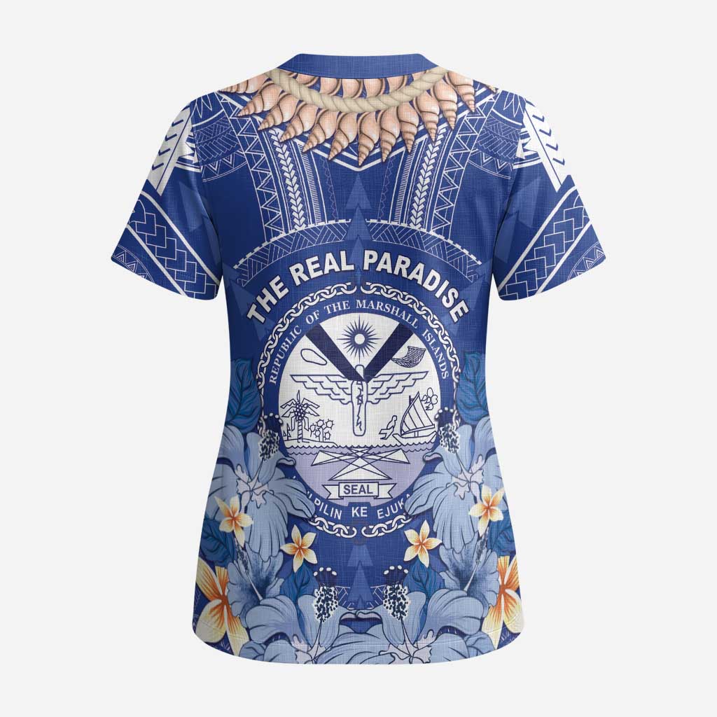 Marshall Islands Jemenei Day Scrub Top Polynesian Tribal Tattoo Seashell Necklace - Polynesian Pride