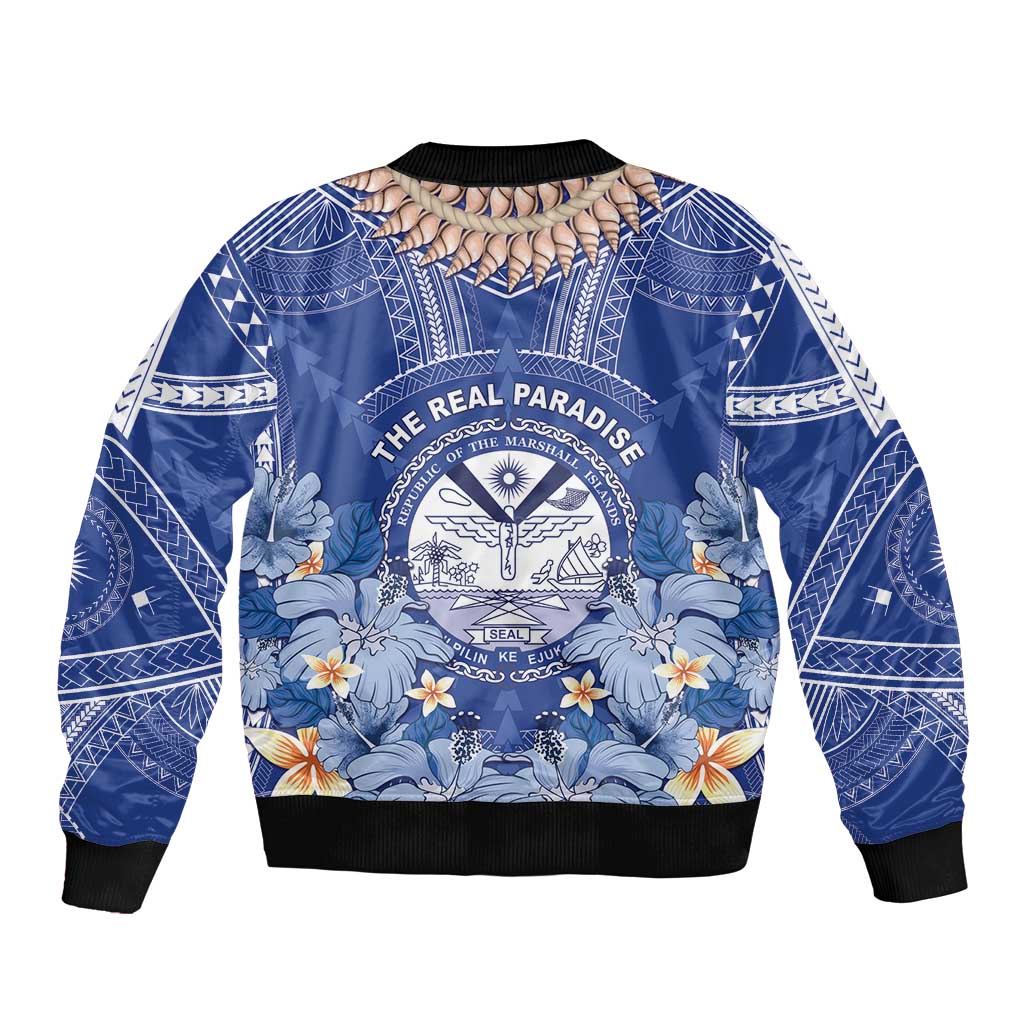 Marshall Islands Jemenei Day Sleeve Zip Bomber Jacket Polynesian Tribal Tattoo Seashell Necklace