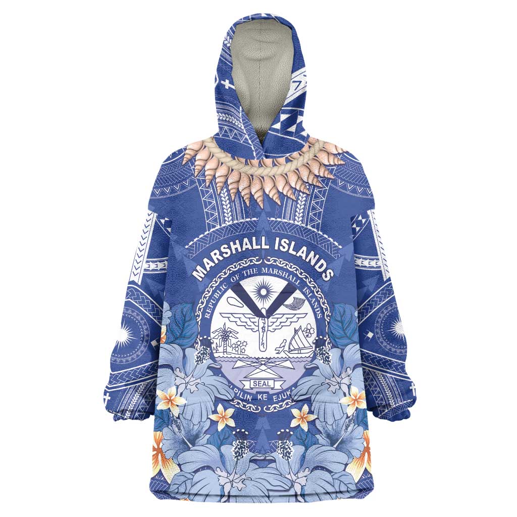 Marshall Islands Jemenei Day Wearable Blanket Hoodie Polynesian Tribal Tattoo Seashell Necklace