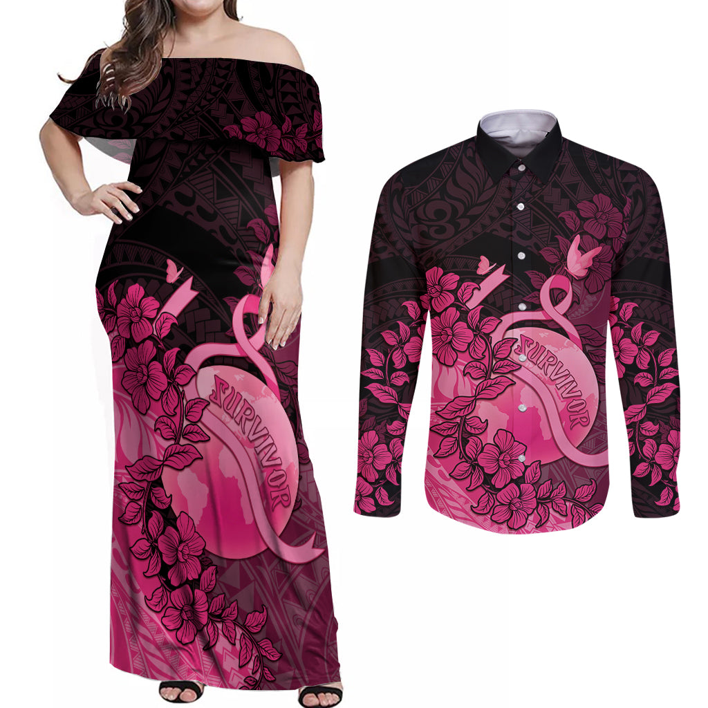 Personalised Cancer Fighter Couples Matching Off Shoulder Maxi Dress and Long Sleeve Button Shirt I Beat Cancer LT05 Pink - Polynesian Pride