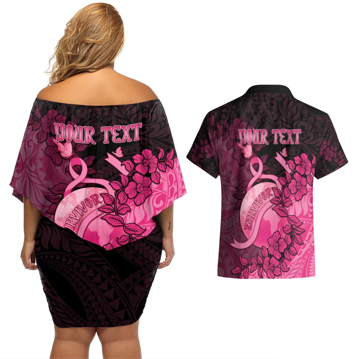 Personalised Cancer Fighter Couples Matching Off Shoulder Short Dress and Hawaiian Shirt I Beat Cancer