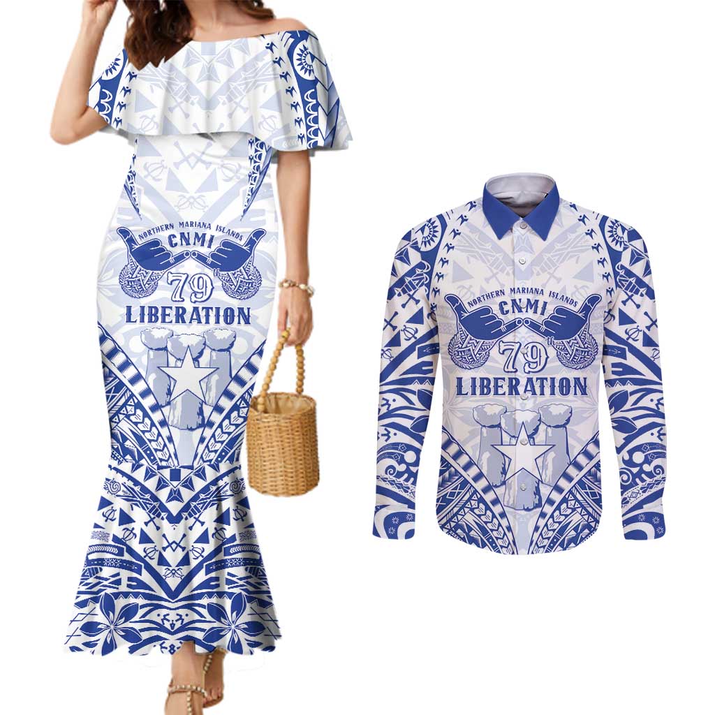 Northern Mariana Islands Liberation Day Couples Matching Mermaid Dress and Long Sleeve Button Shirt 79th Anniversary