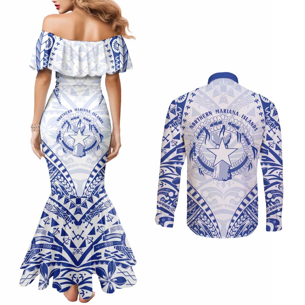 Northern Mariana Islands Liberation Day Couples Matching Mermaid Dress and Long Sleeve Button Shirt 79th Anniversary