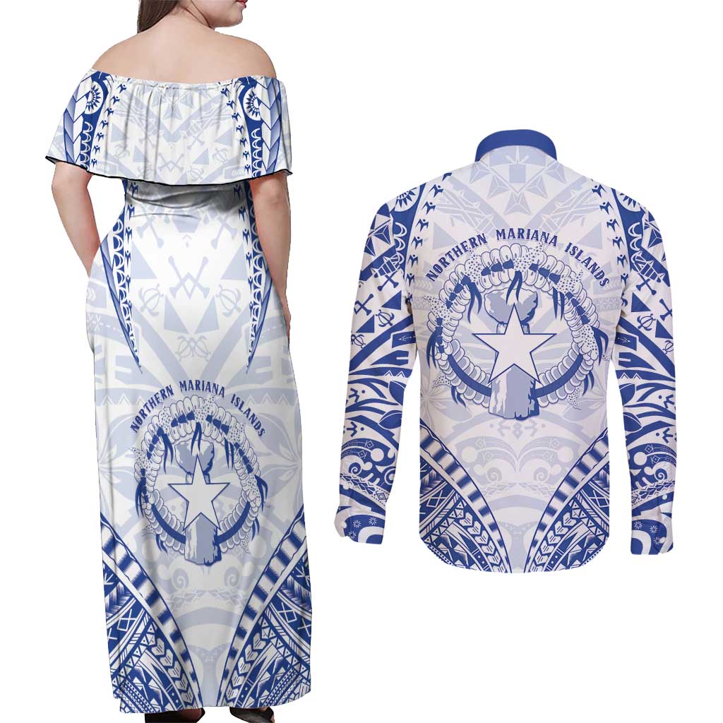 Northern Mariana Islands Liberation Day Couples Matching Off Shoulder Maxi Dress and Long Sleeve Button Shirt 79th Anniversary