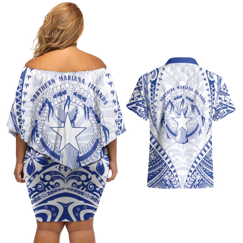 Northern Mariana Islands Liberation Day Couples Matching Off Shoulder Short Dress and Hawaiian Shirt 79th Anniversary