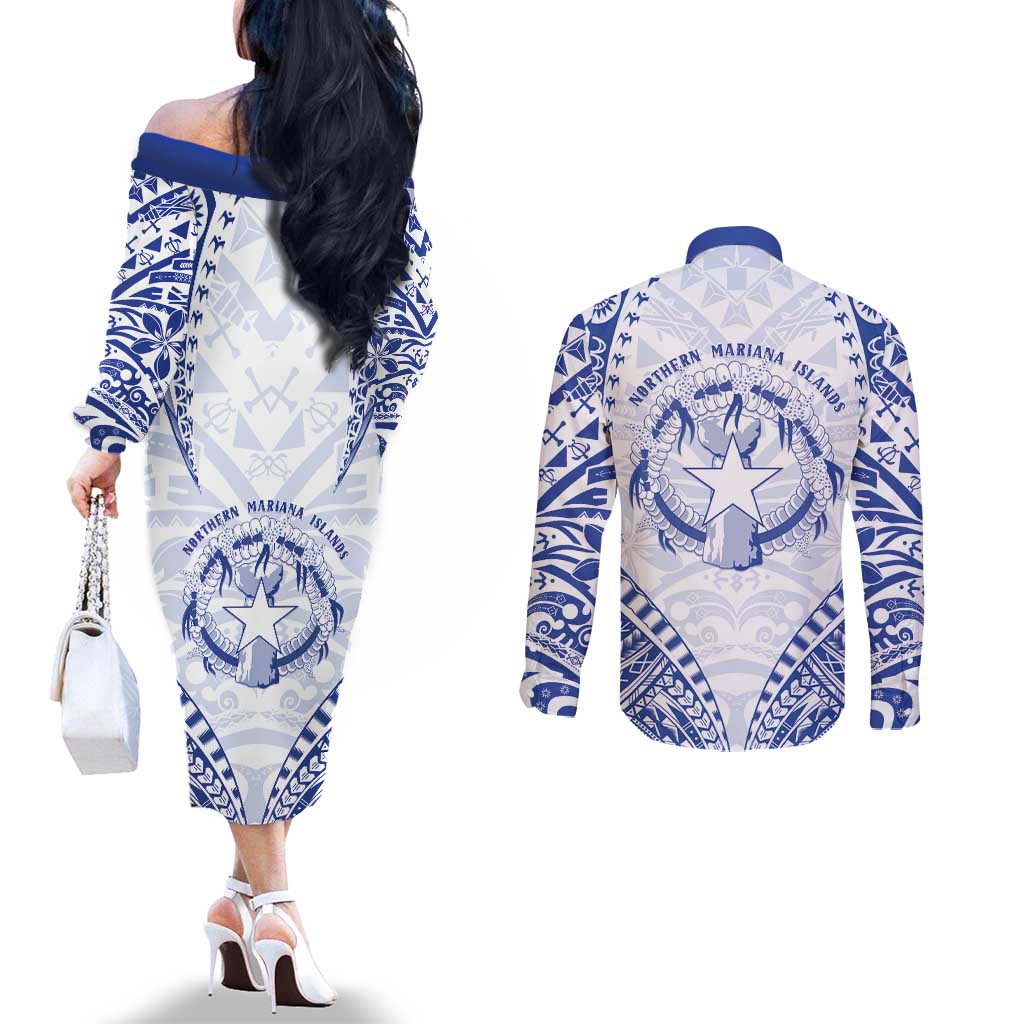Northern Mariana Islands Liberation Day Couples Matching Off The Shoulder Long Sleeve Dress and Long Sleeve Button Shirt 79th Anniversary