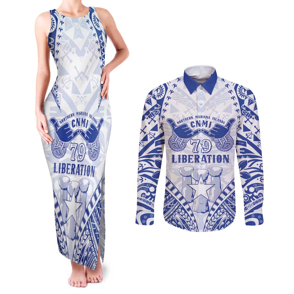 Northern Mariana Islands Liberation Day Couples Matching Tank Maxi Dress and Long Sleeve Button Shirt 79th Anniversary