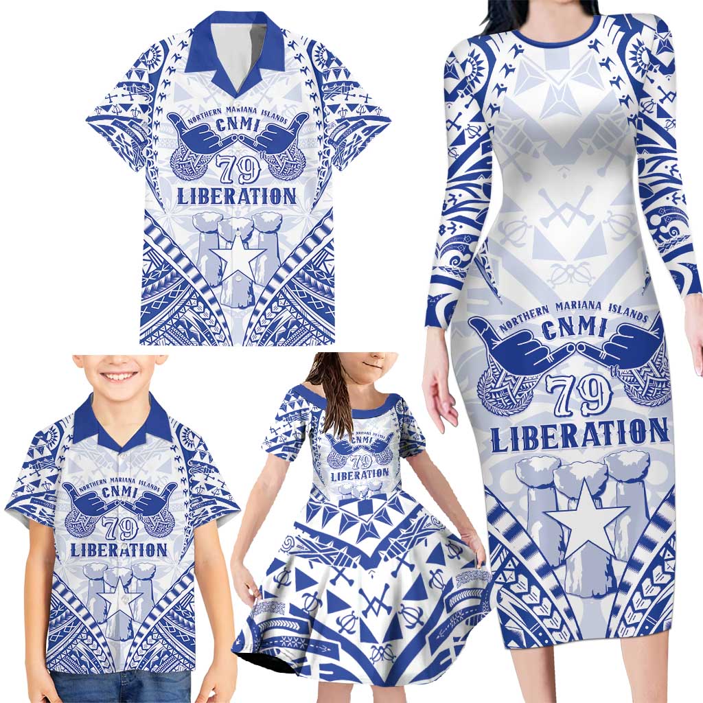 Northern Mariana Islands Liberation Day Family Matching Long Sleeve Bodycon Dress and Hawaiian Shirt 79th Anniversary