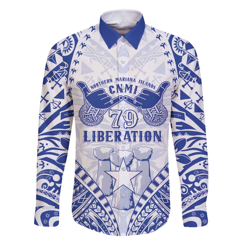 Northern Mariana Islands Liberation Day Family Matching Long Sleeve Bodycon Dress and Hawaiian Shirt 79th Anniversary LT05 Dad's Shirt - Long Sleeve Blue - Polynesian Pride