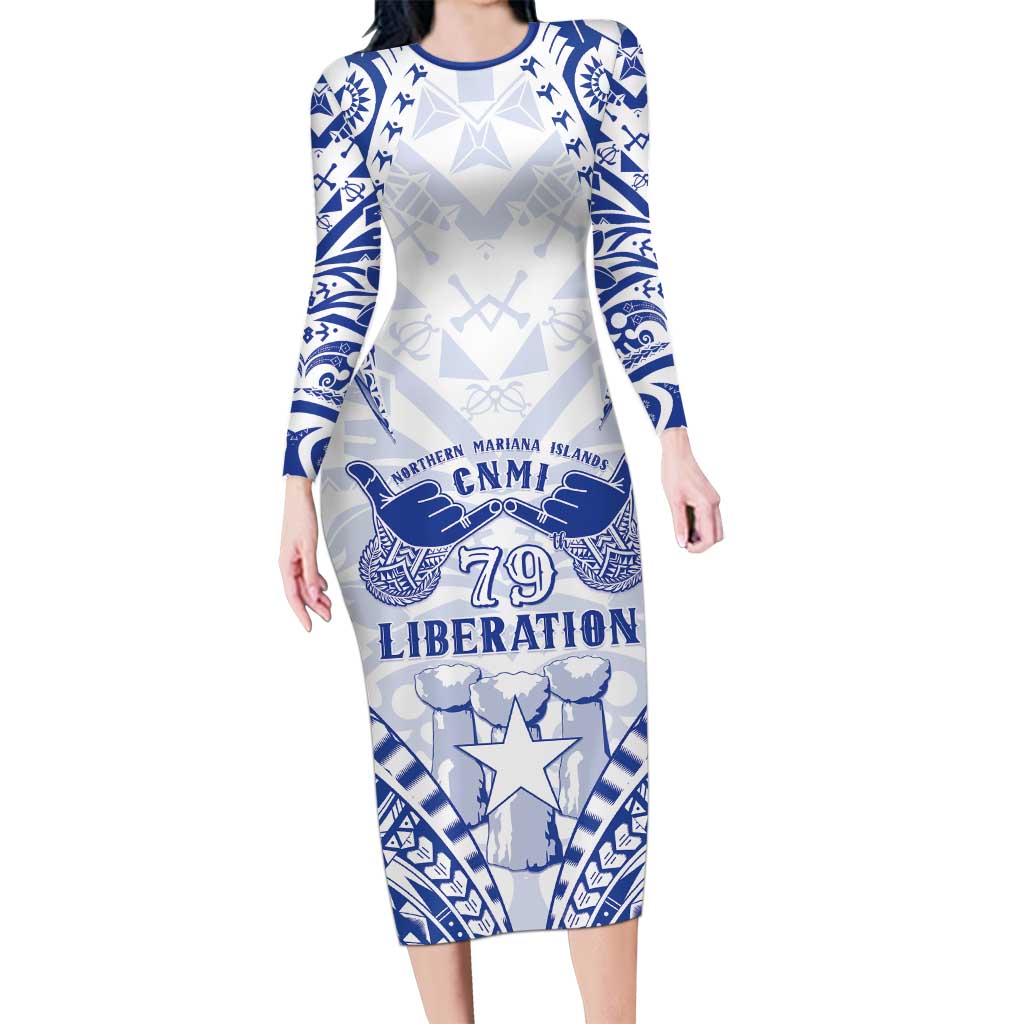 Northern Mariana Islands Liberation Day Family Matching Long Sleeve Bodycon Dress and Hawaiian Shirt 79th Anniversary LT05 Mom's Dress Blue - Polynesian Pride