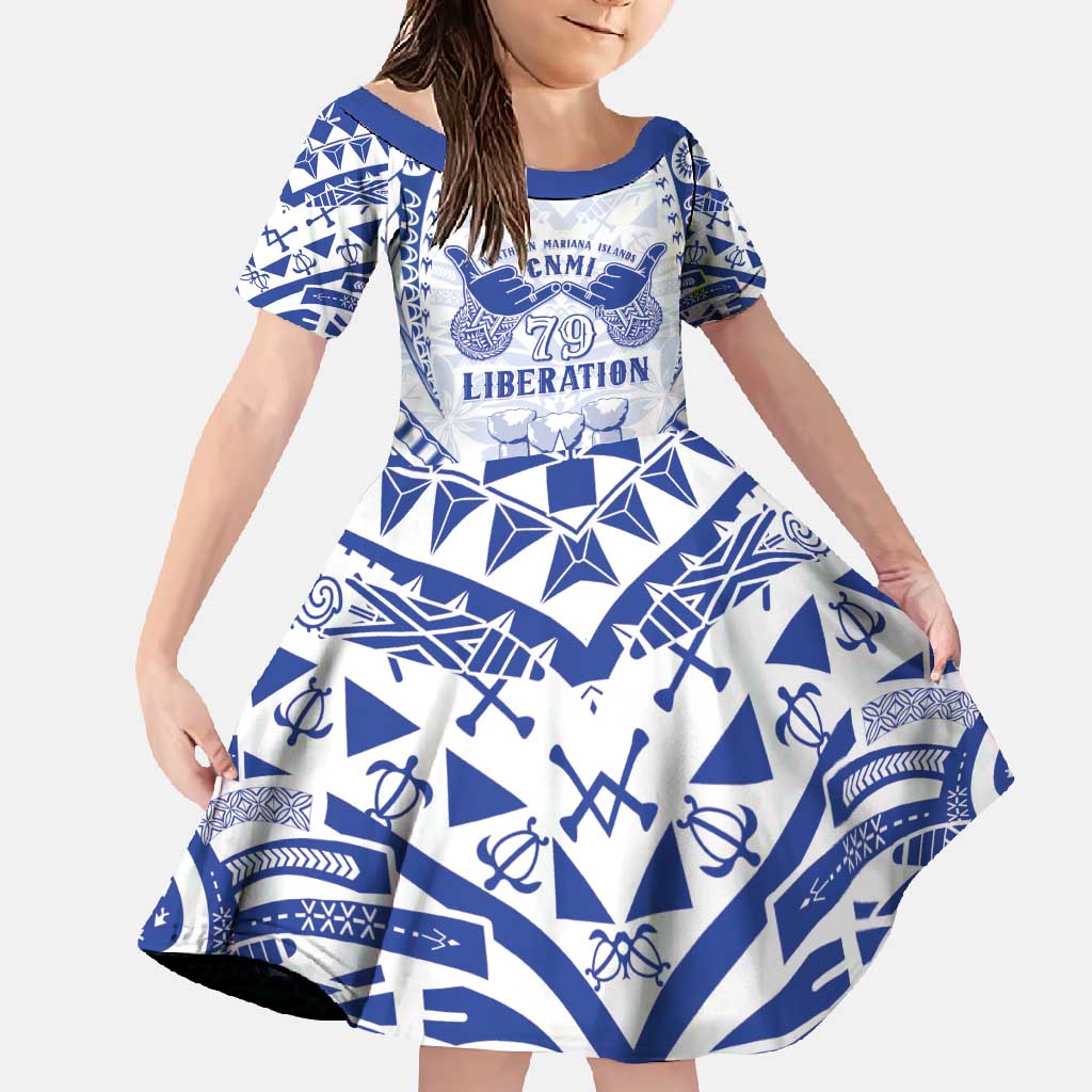 Northern Mariana Islands Liberation Day Family Matching Mermaid Dress and Hawaiian Shirt 79th Anniversary LT05 Daughter's Dress Blue - Polynesian Pride