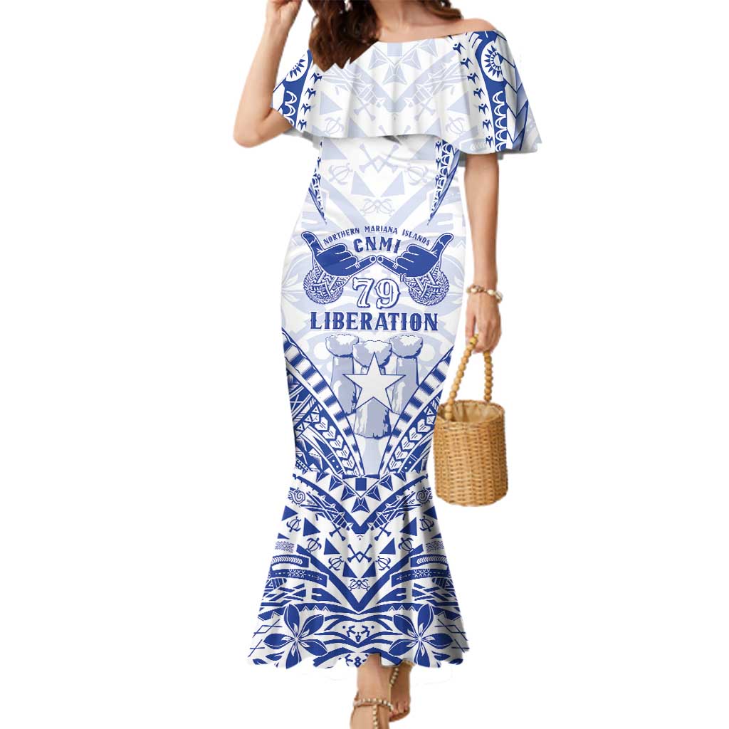 Northern Mariana Islands Liberation Day Family Matching Mermaid Dress and Hawaiian Shirt 79th Anniversary LT05 Mom's Dress Blue - Polynesian Pride