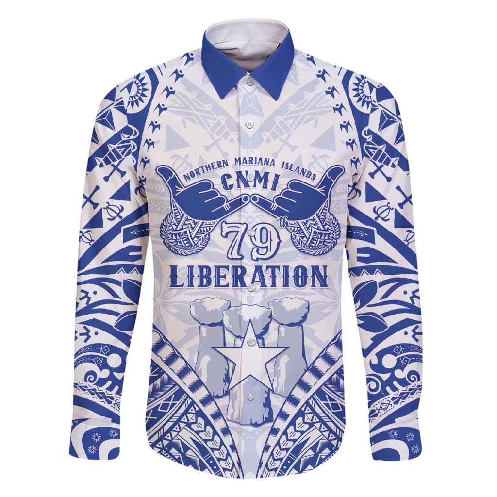 Northern Mariana Islands Liberation Day Family Matching Short Sleeve Bodycon Dress and Hawaiian Shirt 79th Anniversary LT05 Dad's Shirt - Long Sleeve Blue - Polynesian Pride