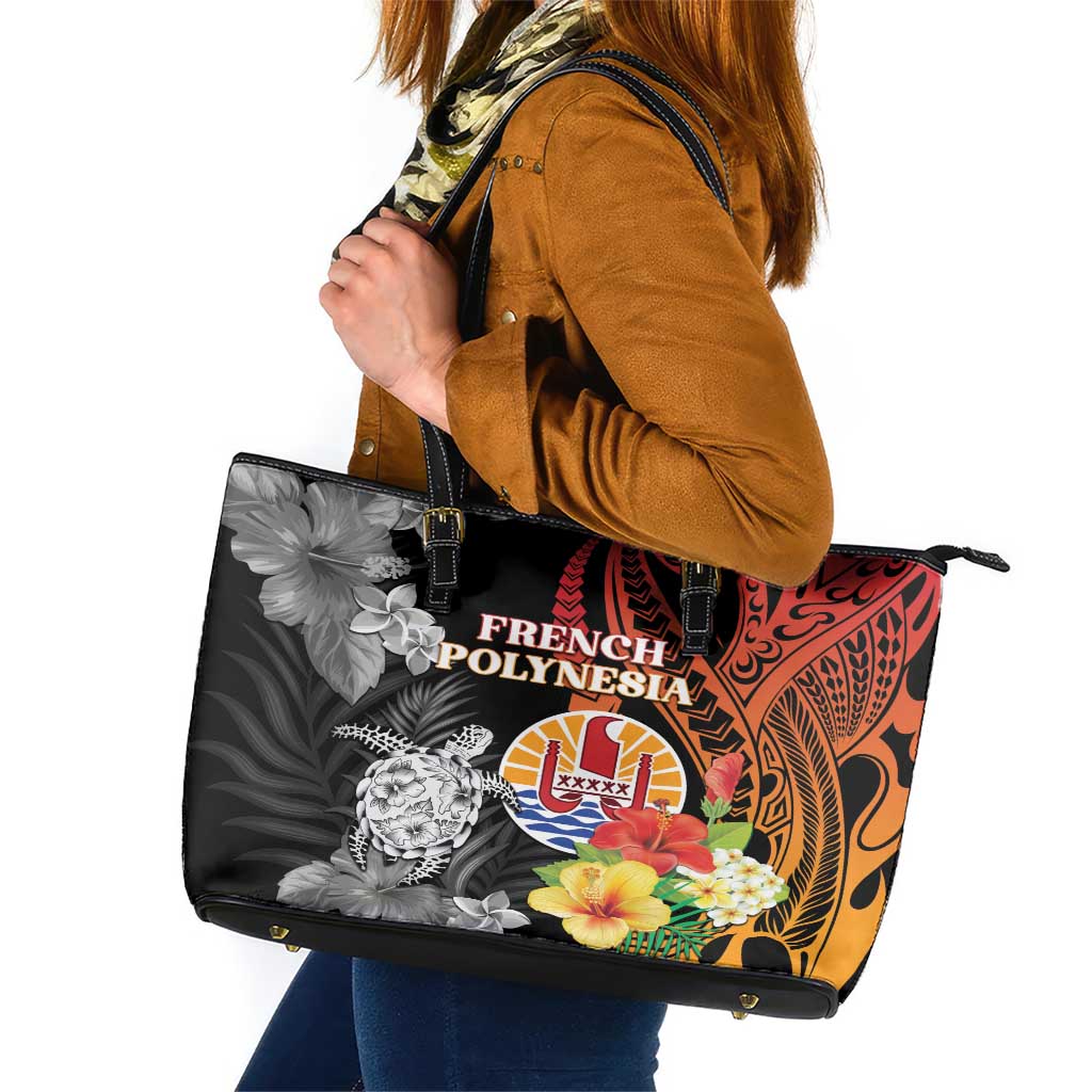 French Polynesia Bastille Day Leather Tote Bag Tropical Turtle Hibiscus Polynesian Pattern