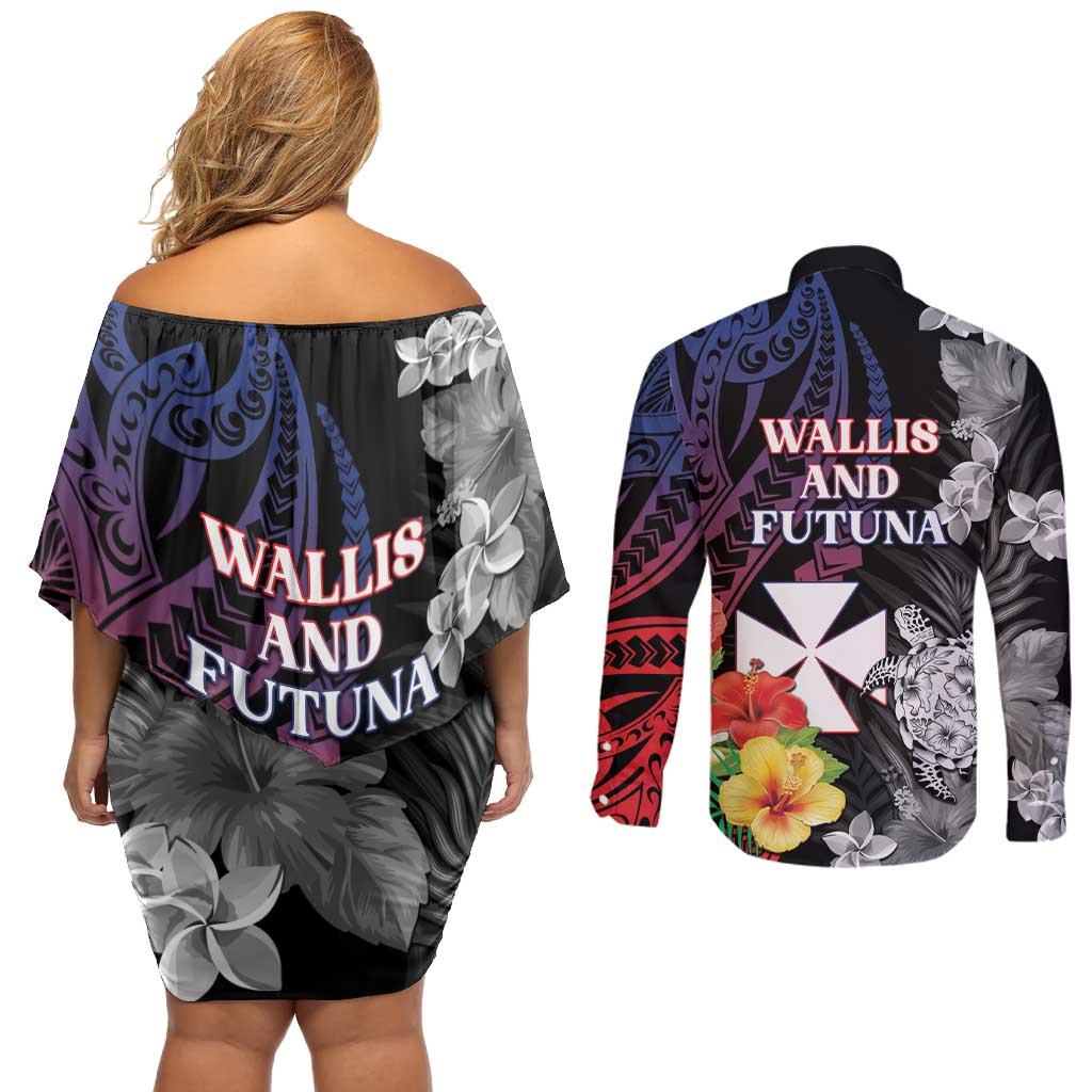 Wallis and Futuna Bastille Day Couples Matching Off Shoulder Short Dress and Long Sleeve Button Shirt Tropical Turtle Hibiscus Polynesian Pattern