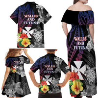 Wallis and Futuna Bastille Day Family Matching Off Shoulder Maxi Dress and Hawaiian Shirt Tropical Turtle Hibiscus Polynesian Pattern