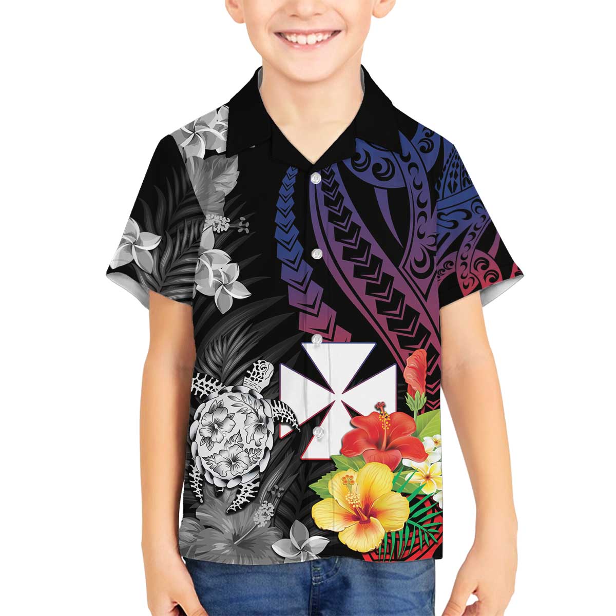 Wallis and Futuna Bastille Day Family Matching Puletasi and Hawaiian Shirt Tropical Turtle Hibiscus Polynesian Pattern