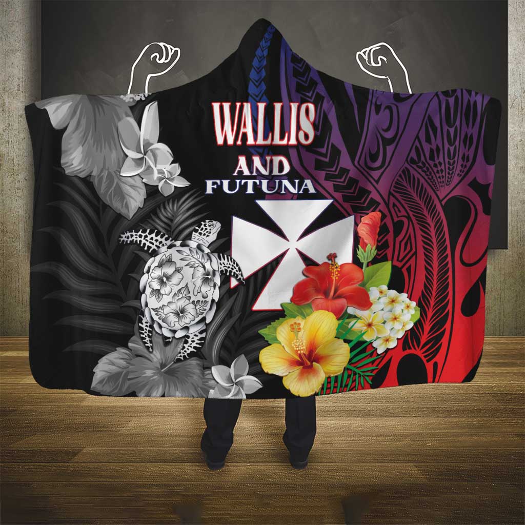 Wallis and Futuna Bastille Day Hooded Blanket Tropical Turtle Hibiscus Polynesian Pattern