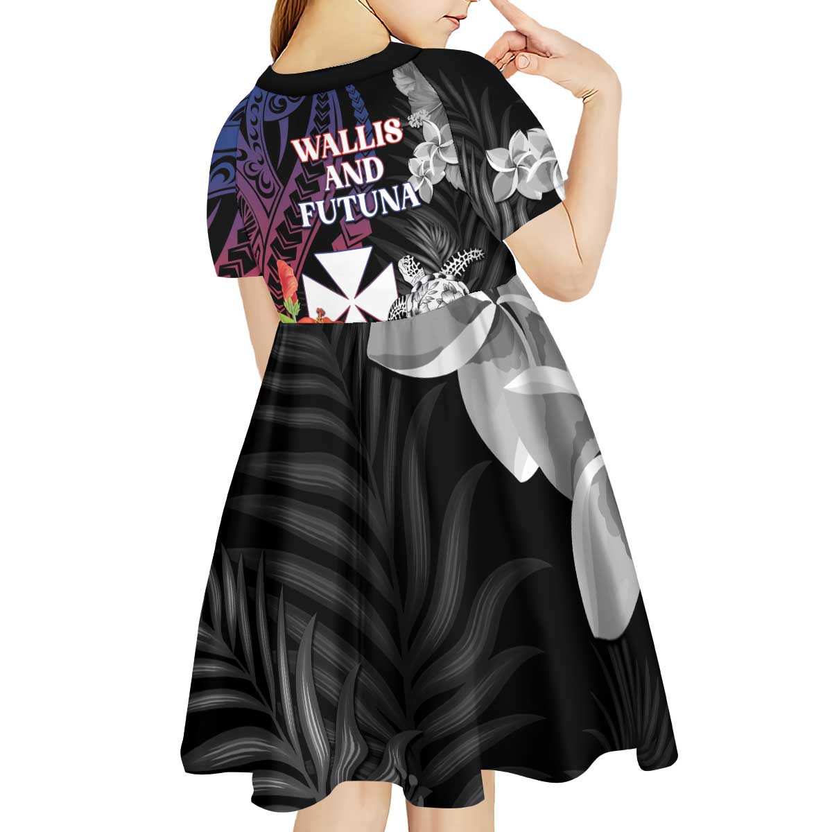 Wallis and Futuna Bastille Day Kid Short Sleeve Dress Tropical Turtle Hibiscus Polynesian Pattern