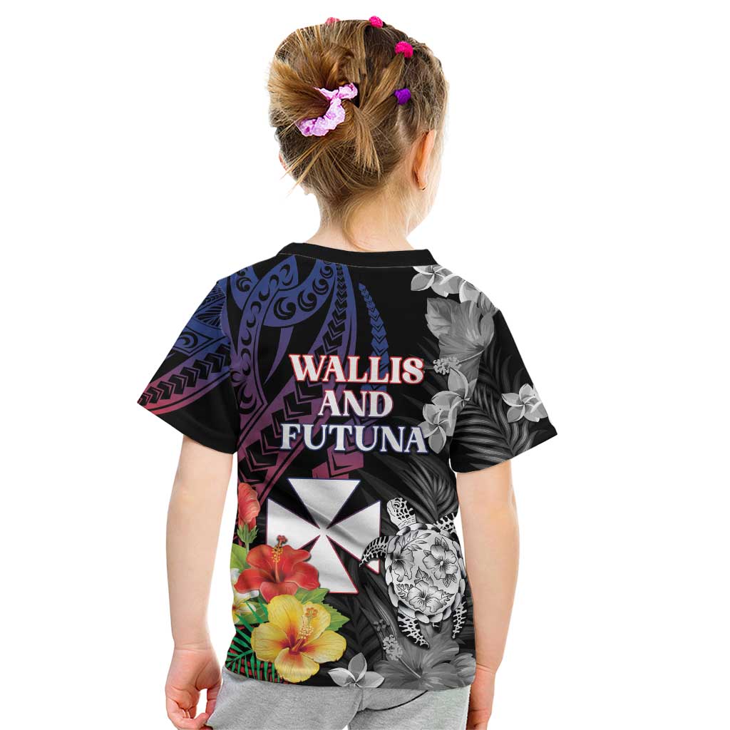 Wallis and Futuna Bastille Day Kid T Shirt Tropical Turtle Hibiscus Polynesian Pattern