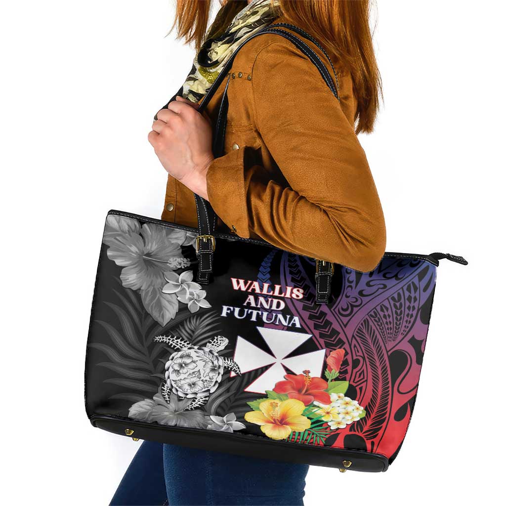 Wallis and Futuna Bastille Day Leather Tote Bag Tropical Turtle Hibiscus Polynesian Pattern