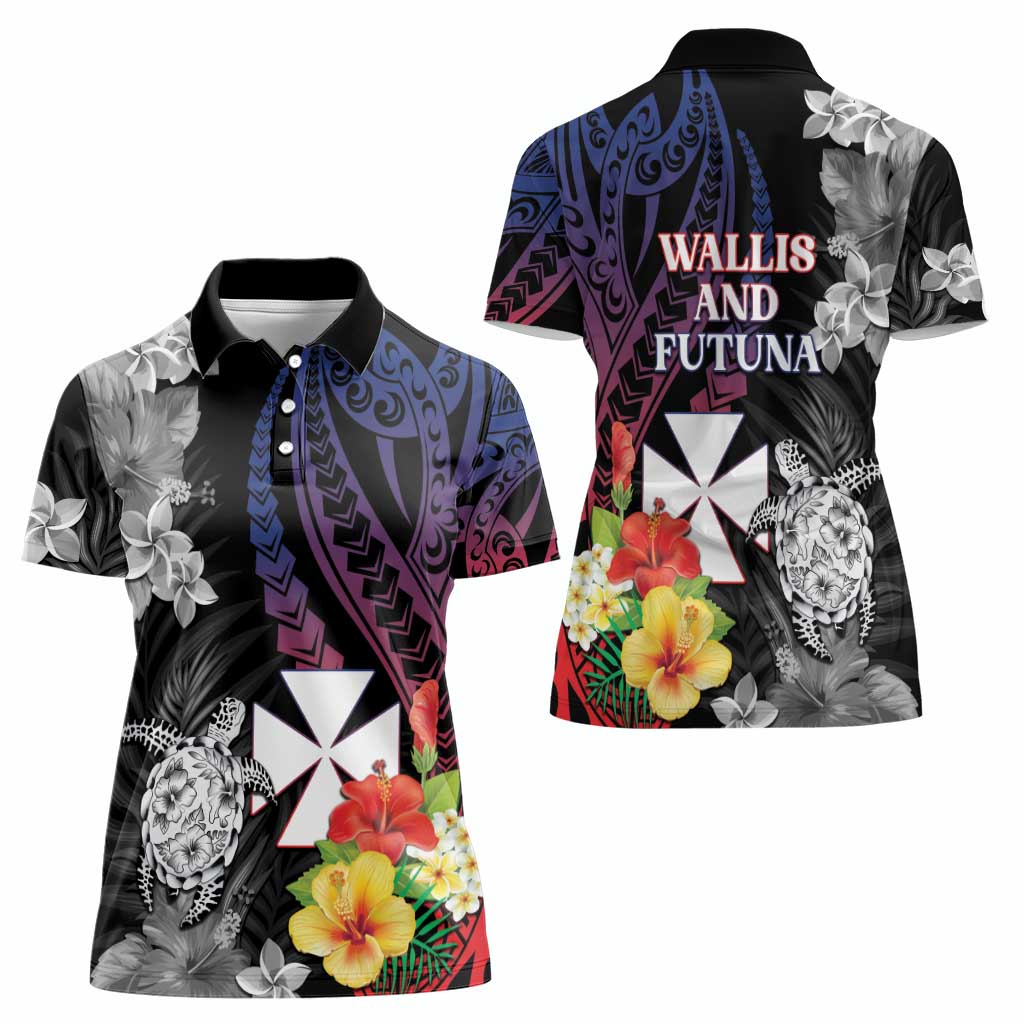 Wallis and Futuna Bastille Day Women Polo Shirt Tropical Turtle Hibiscus Polynesian Pattern