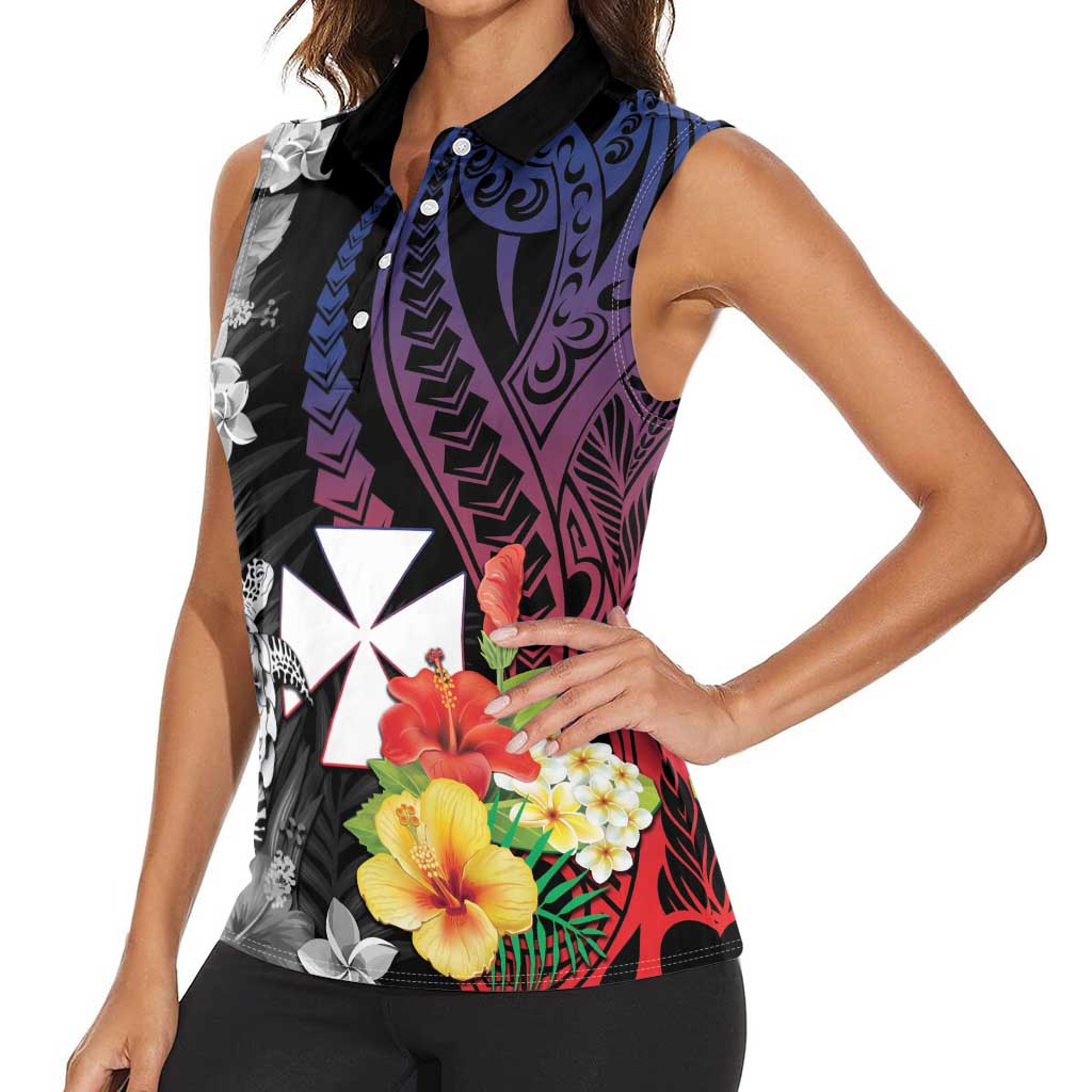Wallis and Futuna Bastille Day Women Sleeveless Polo Shirt Tropical Turtle Hibiscus Polynesian Pattern