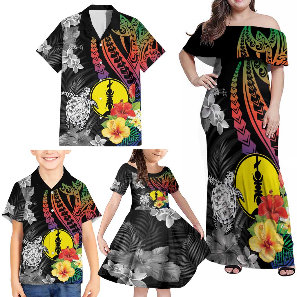 New Caledonia Bastille Day Family Matching Off Shoulder Maxi Dress and Hawaiian Shirt Tropical Turtle Hibiscus Polynesian Pattern