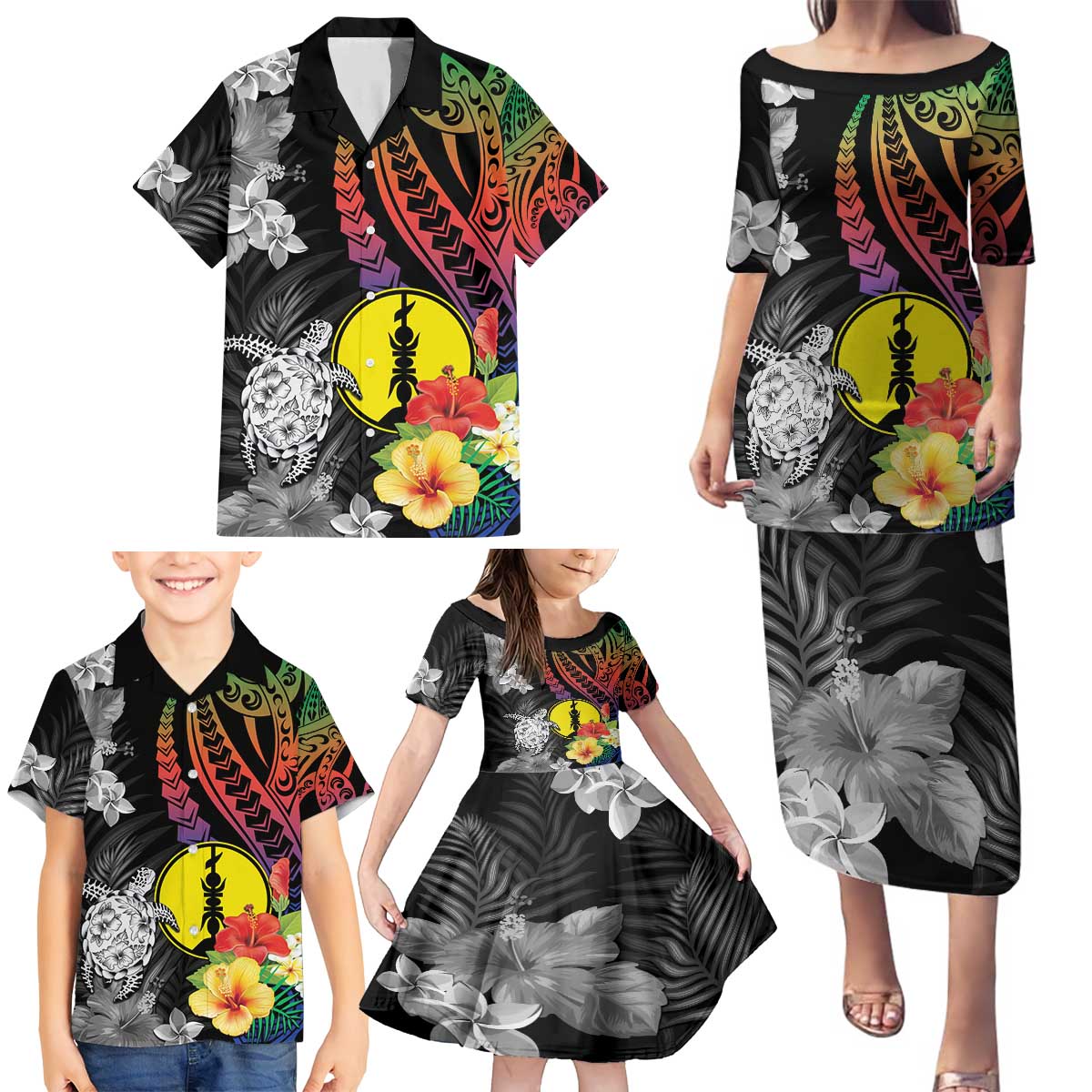 New Caledonia Bastille Day Family Matching Puletasi and Hawaiian Shirt Tropical Turtle Hibiscus Polynesian Pattern