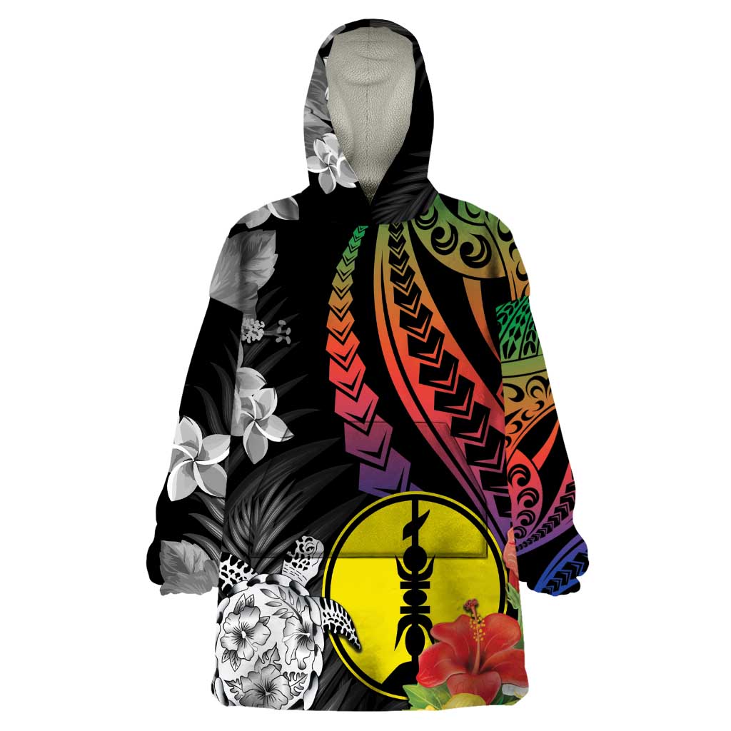 New Caledonia Bastille Day Wearable Blanket Hoodie Tropical Turtle Hibiscus Polynesian Pattern