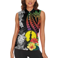 New Caledonia Bastille Day Women Sleeveless Polo Shirt Tropical Turtle Hibiscus Polynesian Pattern