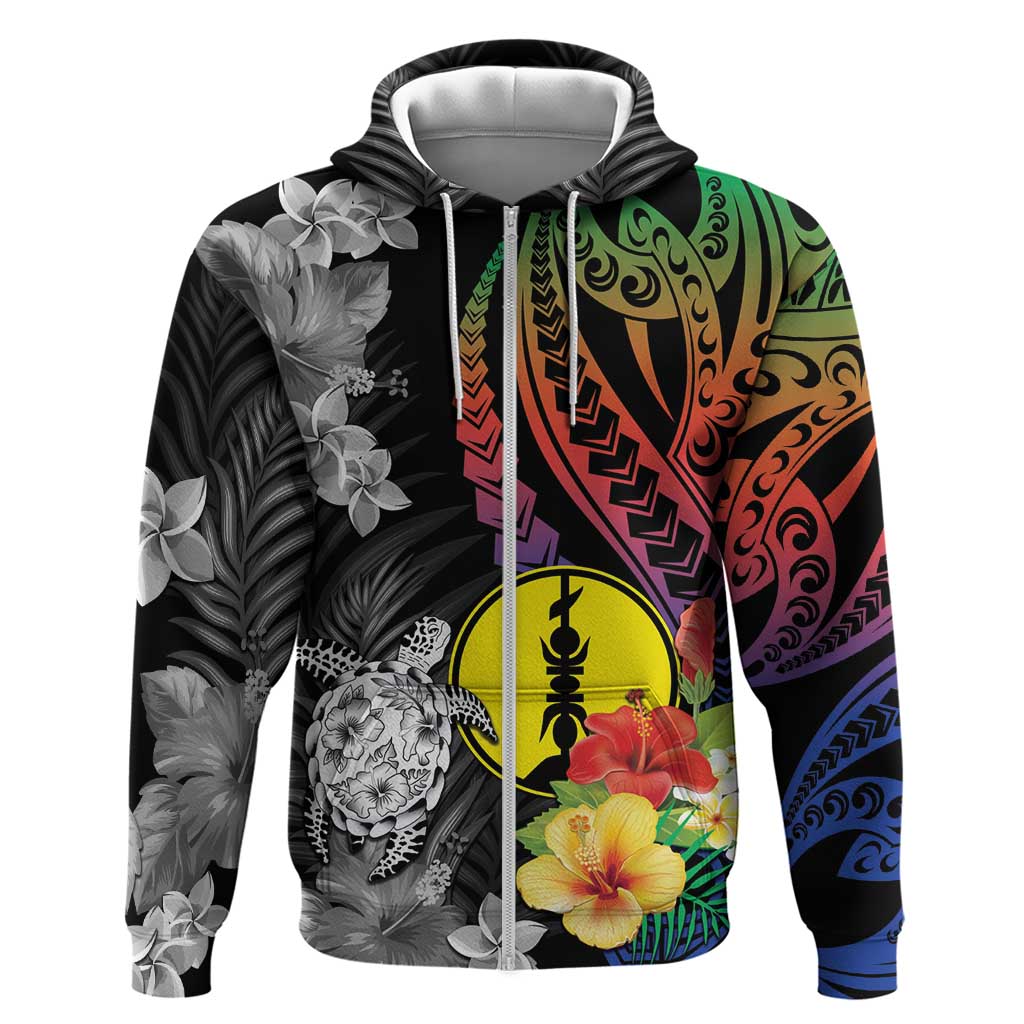 New Caledonia Bastille Day Zip Hoodie Tropical Turtle Hibiscus Polynesian Pattern