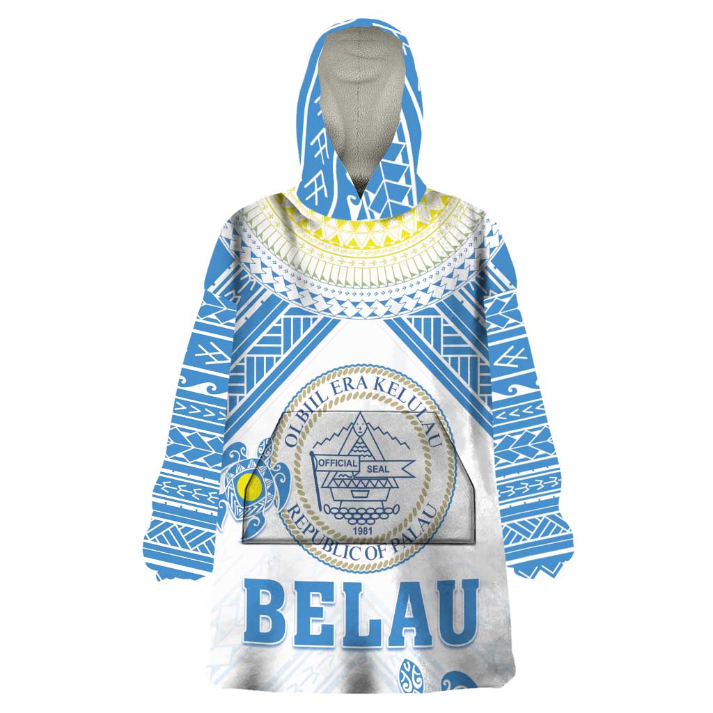 Personalised Palau Constitution Day Wearable Blanket Hoodie Polynesian Turtle