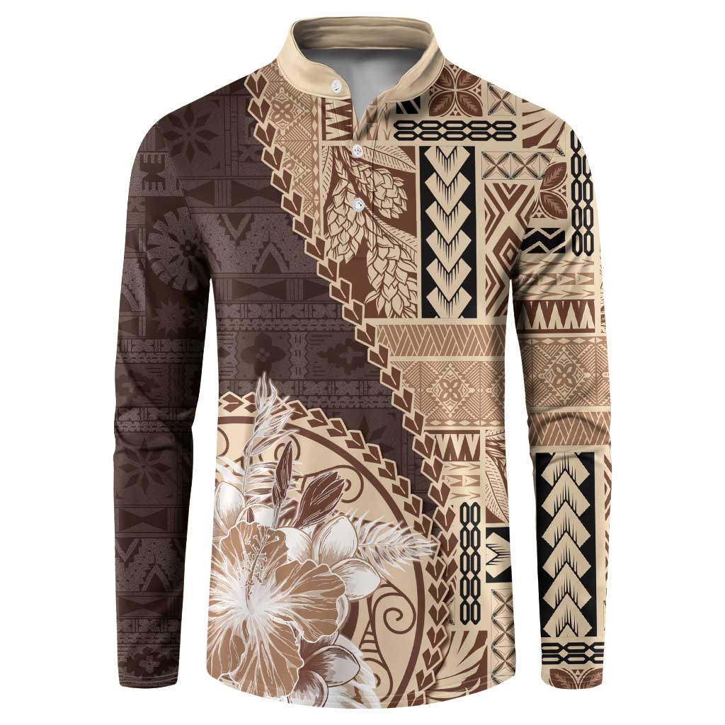 Samoa Siapo Elegant Button Sweatshirt Hibiscus Chocolate Brown Motifs - Polynesian Pride