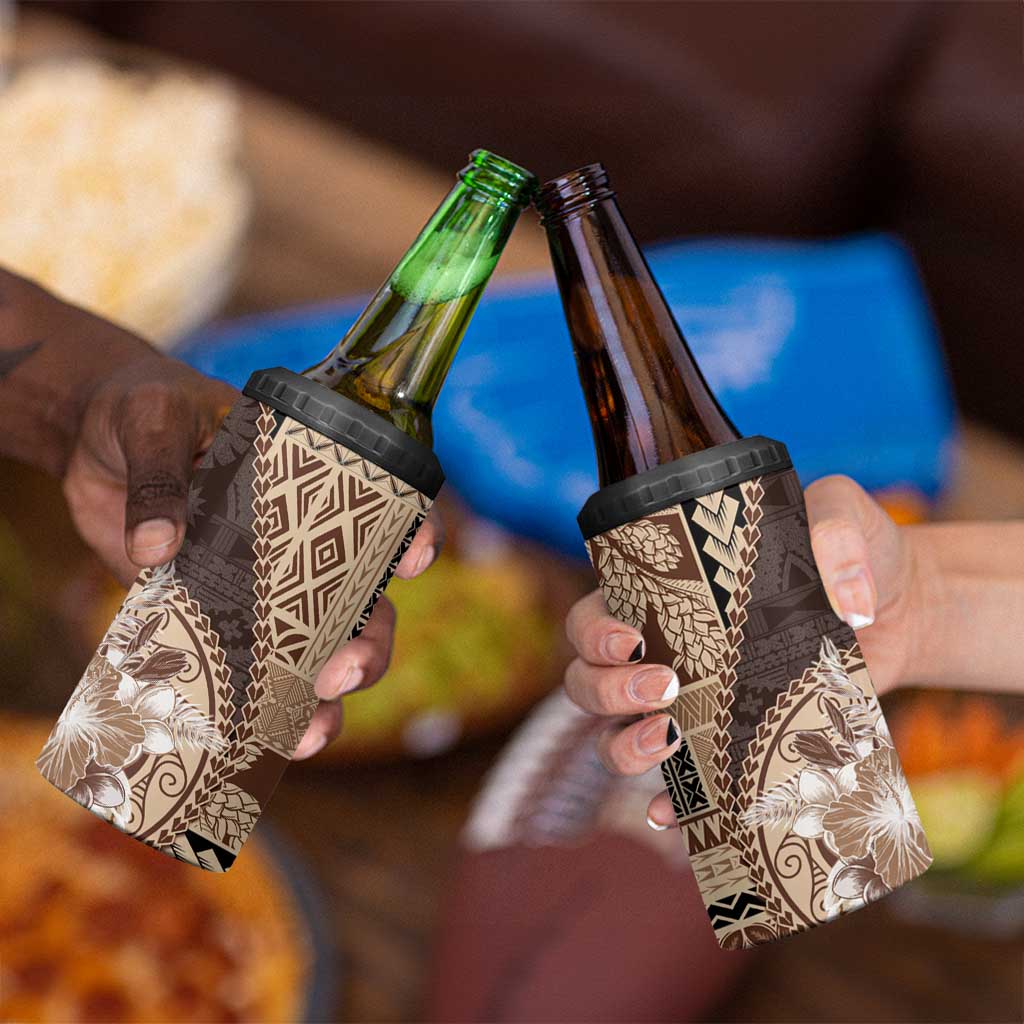 Samoa Siapo Elegant 4 in 1 Can Cooler Tumbler Hibiscus Chocolate Brown Motifs - Polynesian Pride
