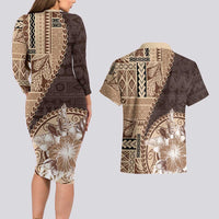 Samoa Siapo Elegant Couples Matching Long Sleeve Bodycon Dress and Hawaiian Shirt Hibiscus Chocolate Brown Motifs - Polynesian Pride