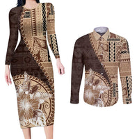 Samoa Siapo Elegant Couples Matching Long Sleeve Bodycon Dress and Long Sleeve Button Shirt Hibiscus Chocolate Brown Motifs - Polynesian Pride