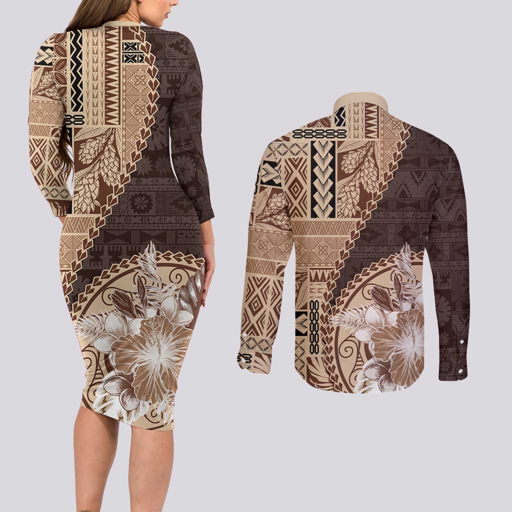 Samoa Siapo Elegant Couples Matching Long Sleeve Bodycon Dress and Long Sleeve Button Shirt Hibiscus Chocolate Brown Motifs - Polynesian Pride