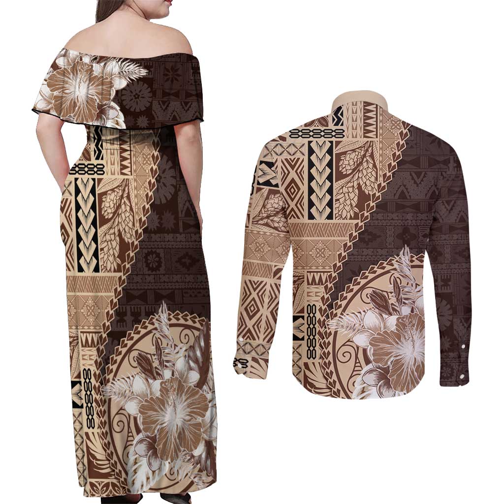 Samoa Siapo Elegant Couples Matching Off Shoulder Maxi Dress and Long Sleeve Button Shirt Hibiscus Chocolate Brown Motifs - Polynesian Pride