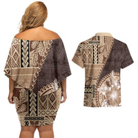 Samoa Siapo Elegant Couples Matching Off Shoulder Short Dress and Hawaiian Shirt Hibiscus Chocolate Brown Motifs - Polynesian Pride