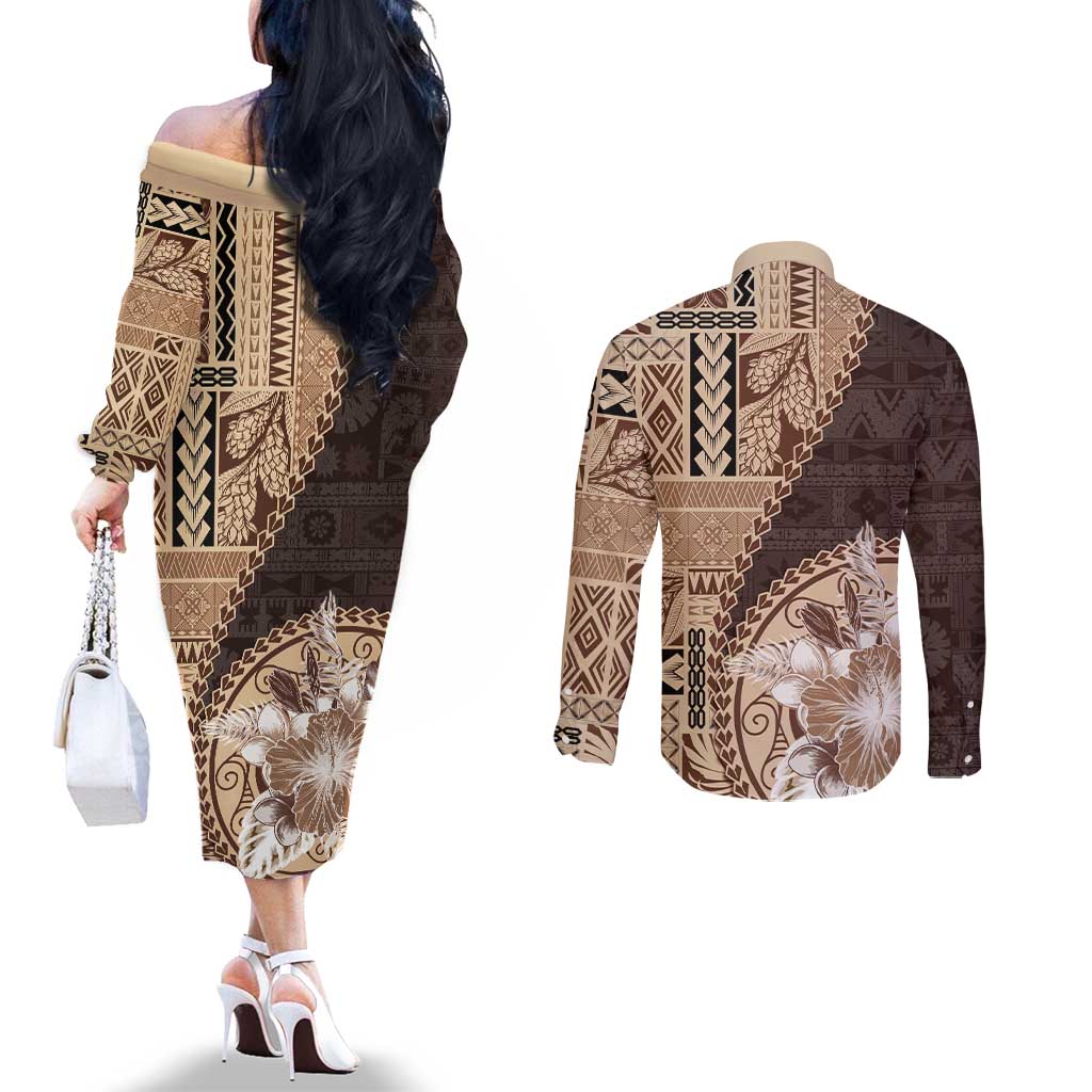 Samoa Siapo Elegant Couples Matching Off The Shoulder Long Sleeve Dress and Long Sleeve Button Shirt Hibiscus Chocolate Brown Motifs - Polynesian Pride