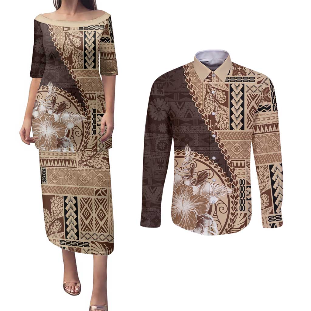 Samoa Siapo Elegant Couples Matching Puletasi and Long Sleeve Button Shirt Hibiscus Chocolate Brown Motifs - Polynesian Pride