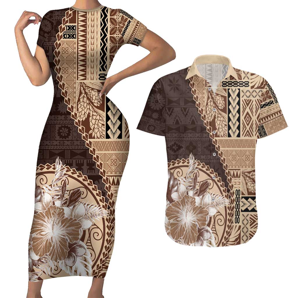 Samoa Siapo Elegant Couples Matching Short Sleeve Bodycon Dress and Hawaiian Shirt Hibiscus Chocolate Brown Motifs - Polynesian Pride