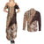Samoa Siapo Elegant Couples Matching Summer Maxi Dress and Long Sleeve Button Shirt Hibiscus Chocolate Brown Motifs - Polynesian Pride