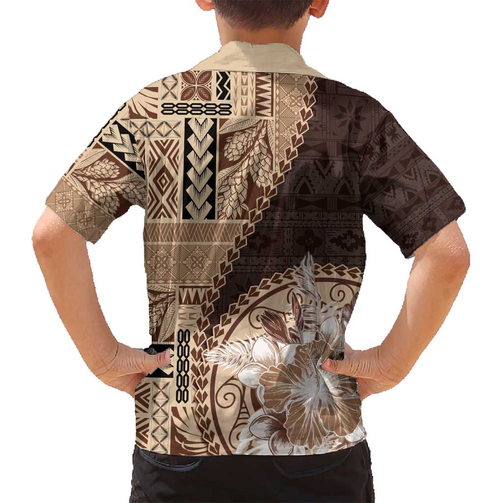Samoa Siapo Elegant Family Matching Long Sleeve Bodycon Dress and Hawaiian Shirt Hibiscus Chocolate Brown Motifs - Polynesian Pride