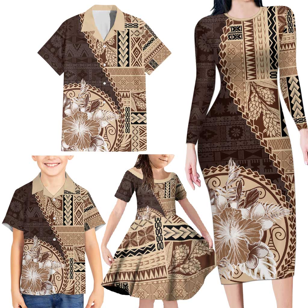Samoa Siapo Elegant Family Matching Long Sleeve Bodycon Dress and Hawaiian Shirt Hibiscus Chocolate Brown Motifs - Polynesian Pride