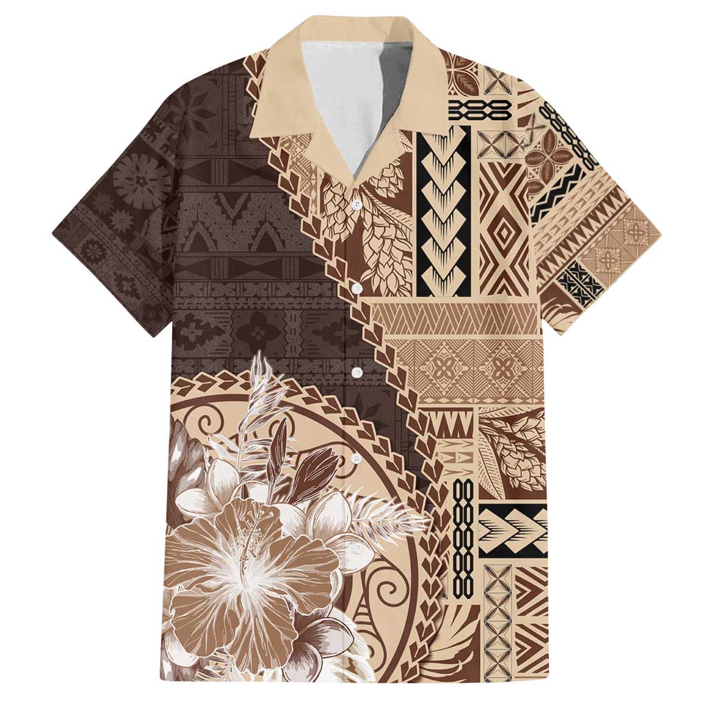 Samoa Siapo Elegant Family Matching Long Sleeve Bodycon Dress and Hawaiian Shirt Hibiscus Chocolate Brown Motifs - Polynesian Pride