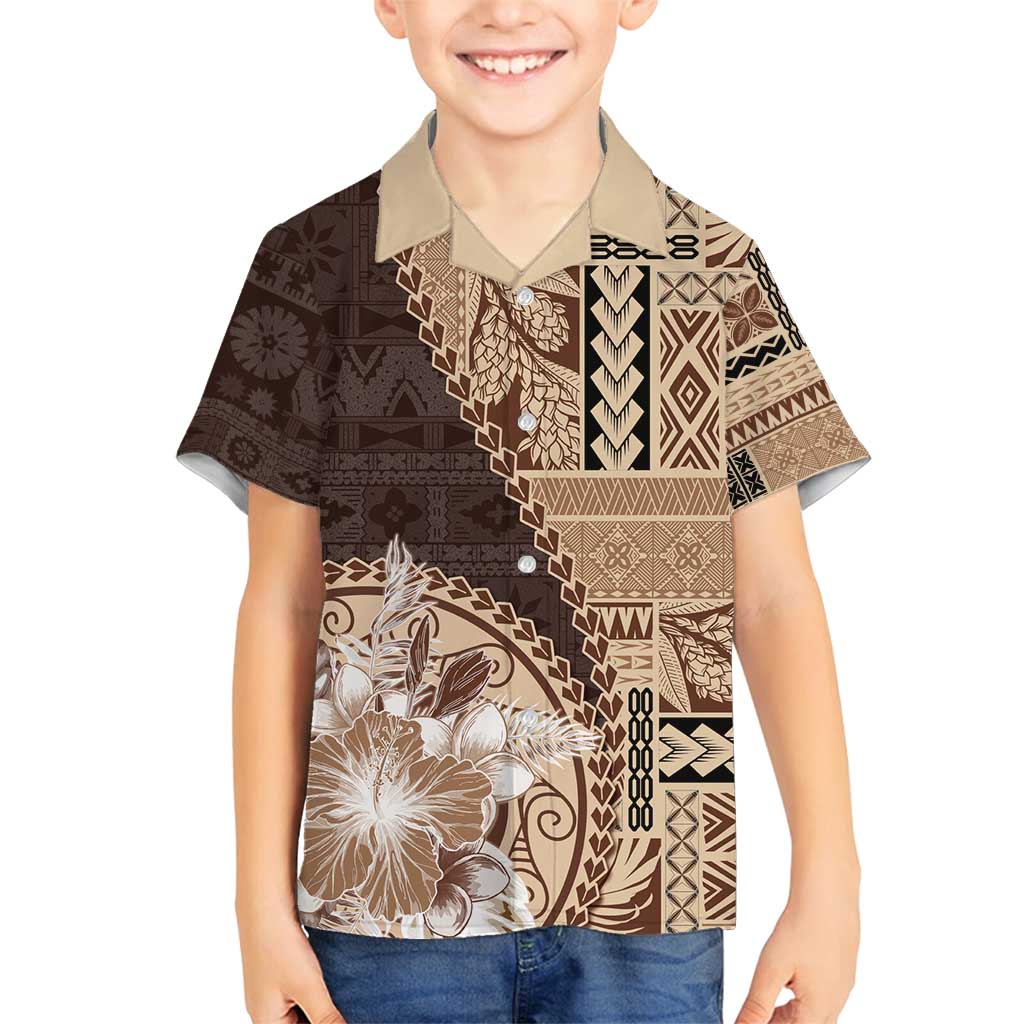 Samoa Siapo Elegant Family Matching Long Sleeve Bodycon Dress and Hawaiian Shirt Hibiscus Chocolate Brown Motifs - Polynesian Pride