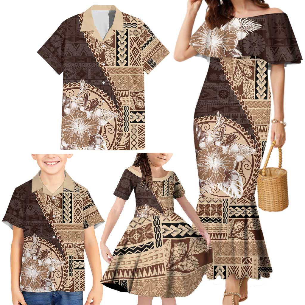 Samoa Siapo Elegant Family Matching Mermaid Dress and Hawaiian Shirt Hibiscus Chocolate Brown Motifs - Polynesian Pride